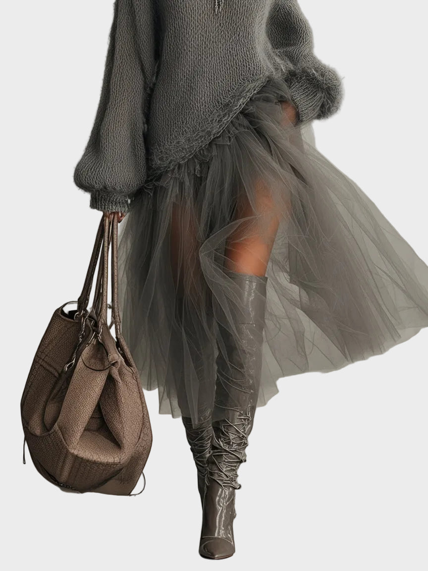 Cassie| Μάξι Φόρεμα από Γκρι Μοχέρ με Τούλινα Τμήματα