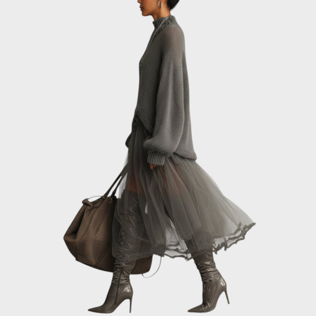 Susette | Γκρι Μοχέρ Και Τούλι Πάνελ Maxi Φόρεμα