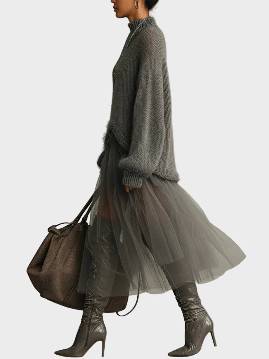 Cassie| Μάξι Φόρεμα από Γκρι Μοχέρ με Τούλινα Τμήματα