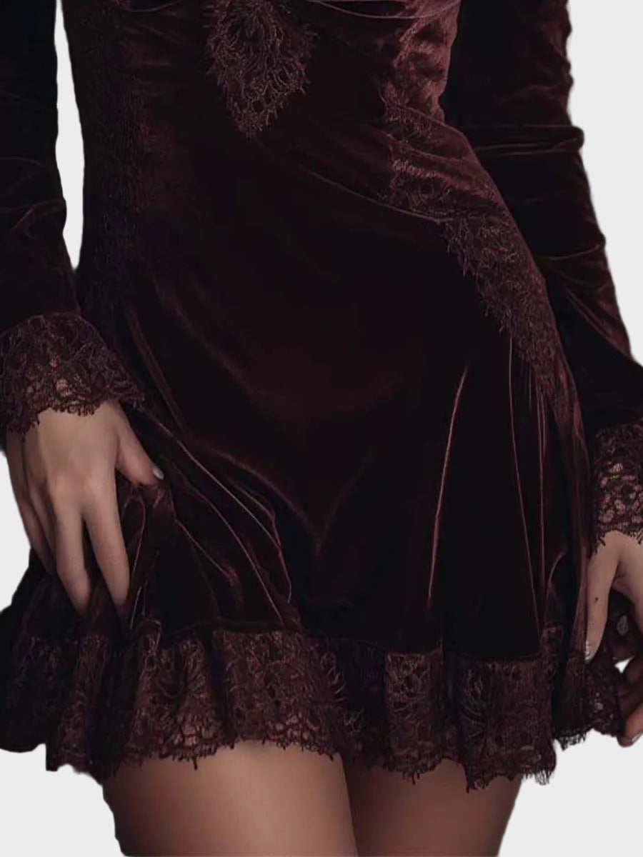 Vivian| Μίνι Φόρεμα από Πολυεστερικό Βελούδο με Τελείωμα από Δαντέλα