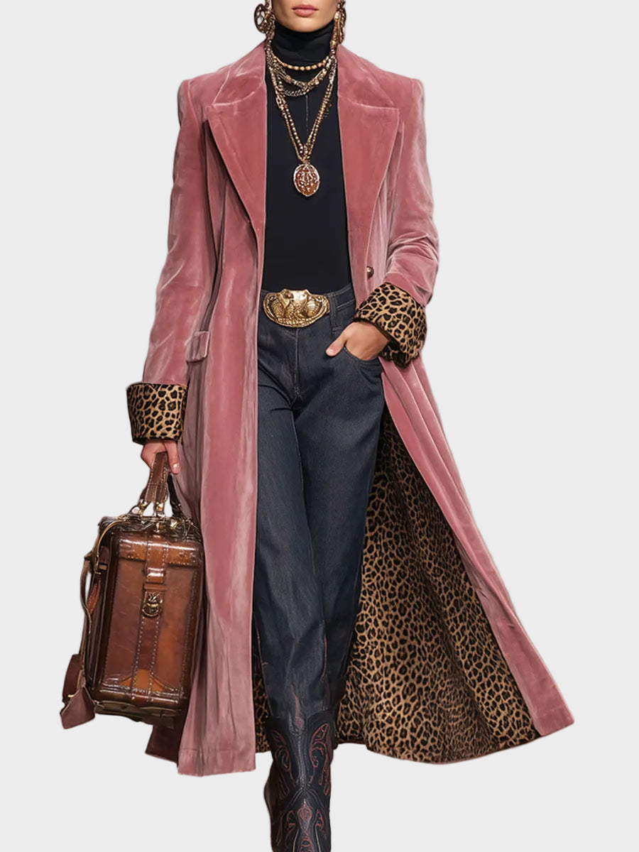 Sonia | Βελούδινο Παλτό με Πέτο, Μονόπετο, και Λεοπάρ Μοτίβο