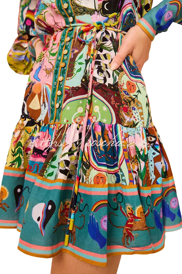 Tina - Μίνι Φόρεμα-Πουκάμισο με Πολυτελές Ιδιαίτερο Μοτίβο, Μανίκια Μπαλόνι και Κουμπιά (Luxury Unique Print Balloon Sleeve Button Shirt Mini Dress)