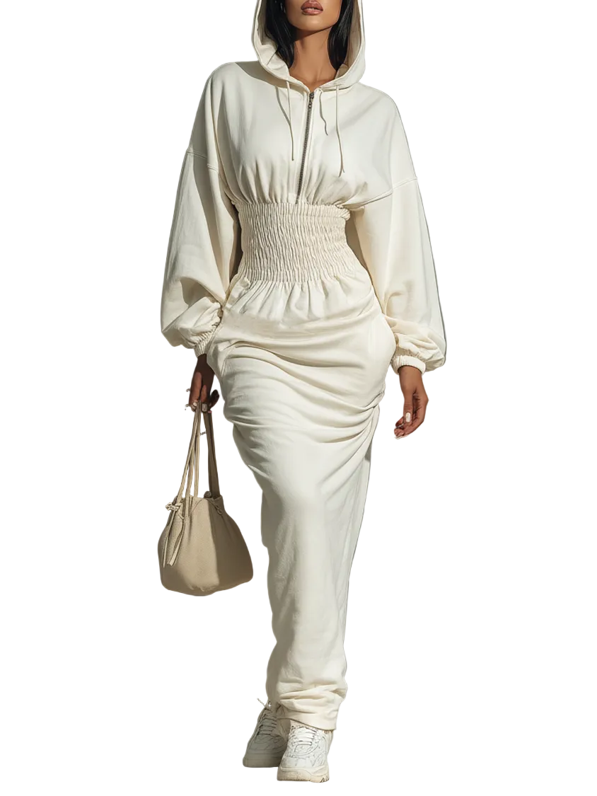 Rachel |Γυναικείο Μίνιμαλ Μάξι Φόρεμα Φούτερ με Κουκούλα και Σούρες στη Μέση (Women's Minimalist Waist Shirring Hooded Sweatshirt Maxi Dress)