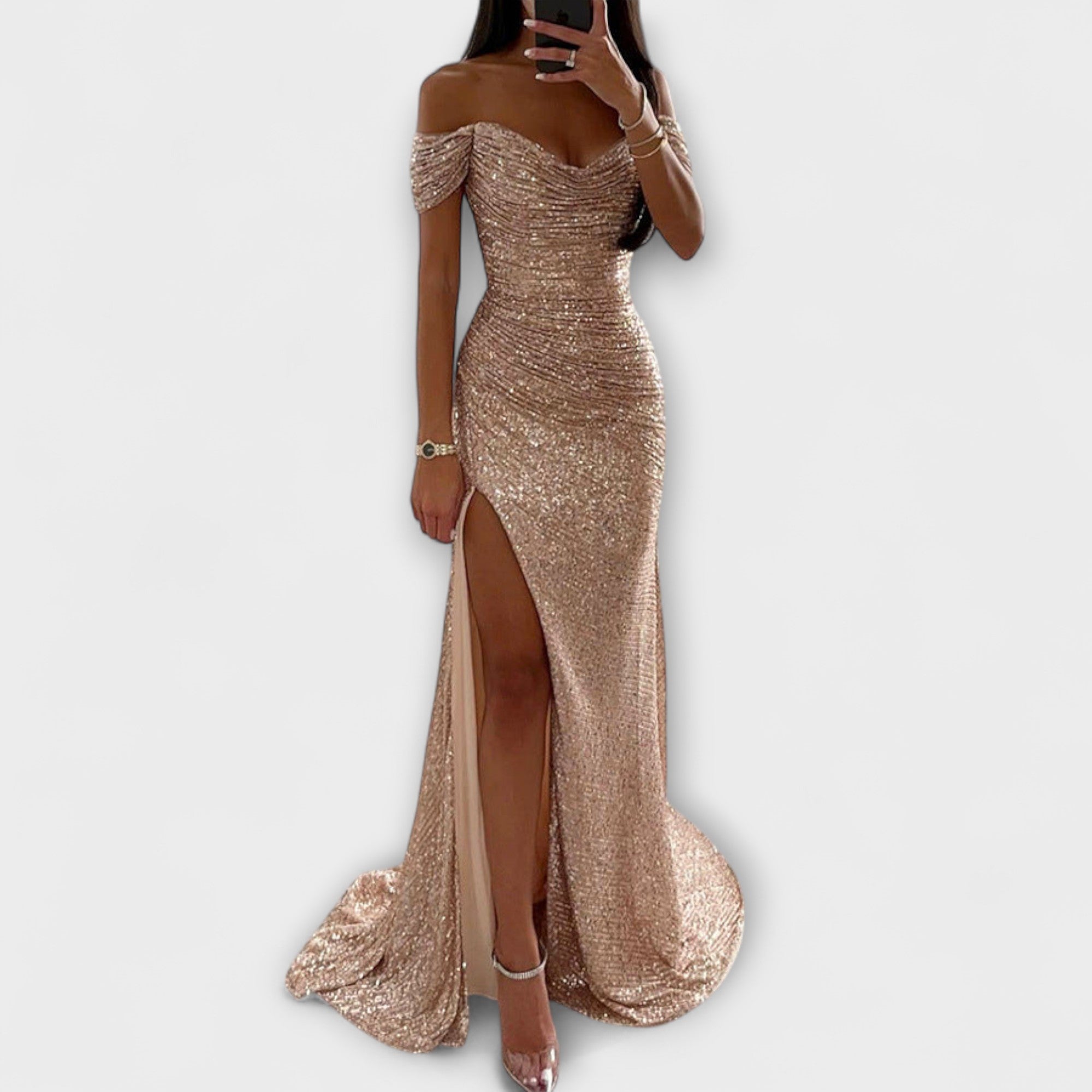 Καλοκαιρινό Βραδινό Φόρεμα — Στράπλες Μάξι με Glitter και Σκίσιμο για Γάμους &amp; Πάρτι