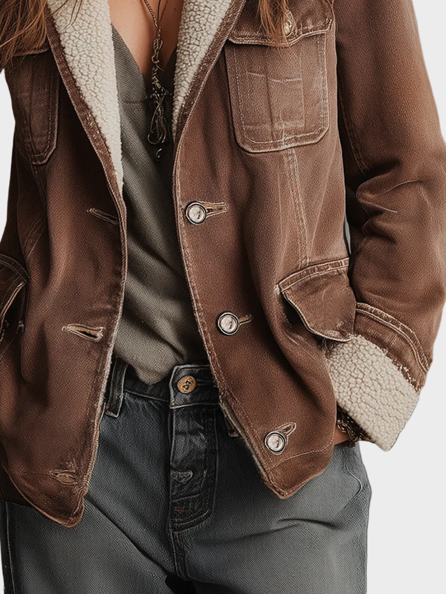 Anna | Retro Denim Παλτό με Πολλαπλές Τσέπες και Επένδυση από Συνθετική Γούνα Sherpa