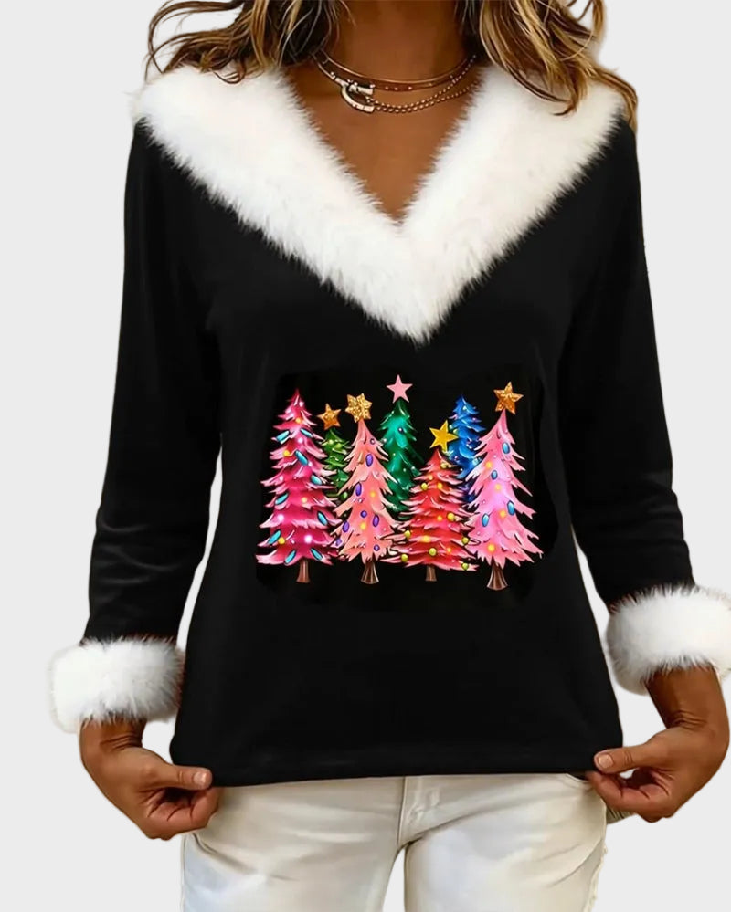 Aubrey Φλις Μπλούζα με V-λαιμόκοψη και Σχέδιο Χριστουγεννιάτικου Δέντρου