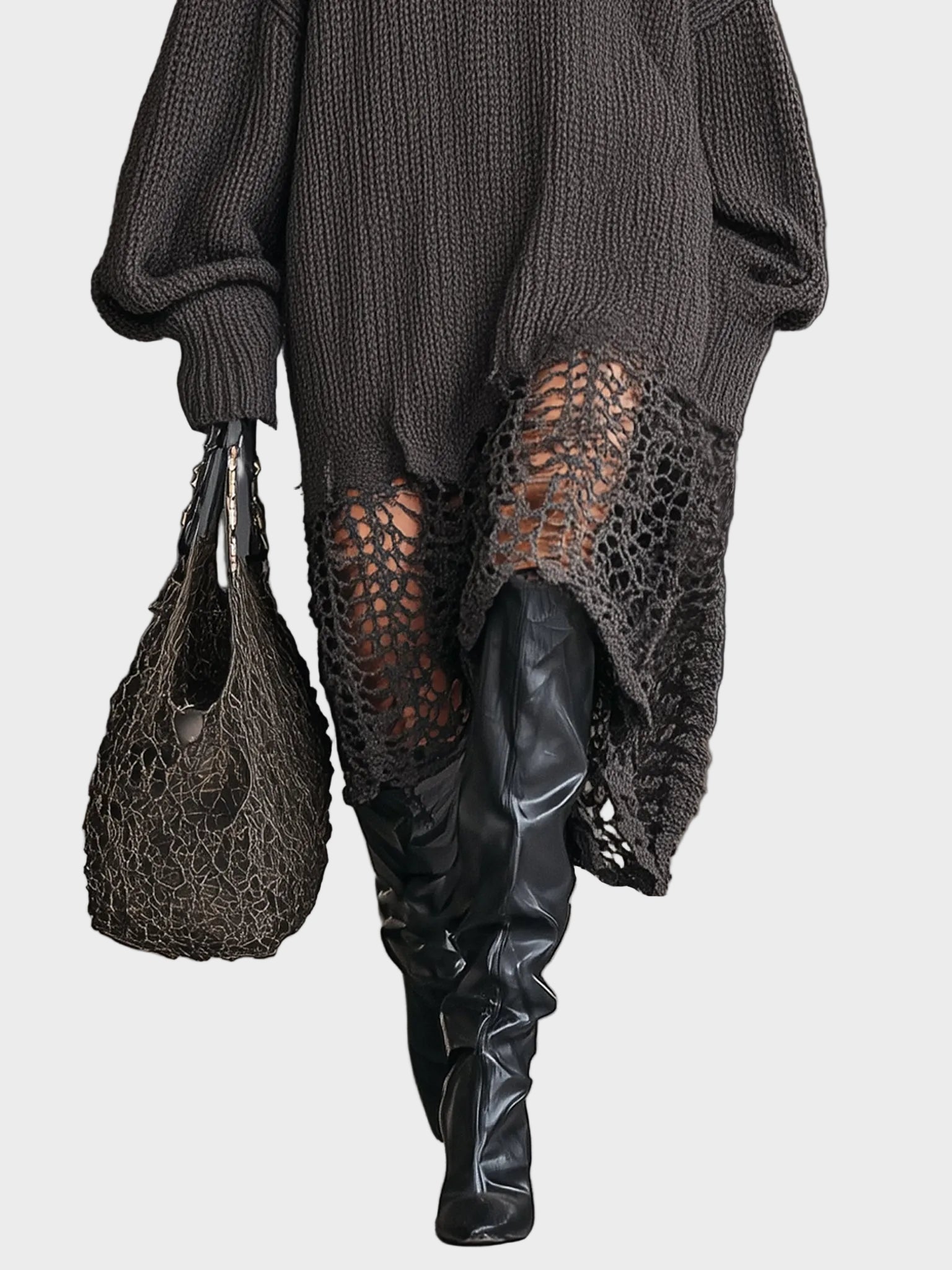 Vannesa| V-Neck Πλεκτό Μίντι Φόρεμα με Διχτυωτά Μακριά Μανίκια