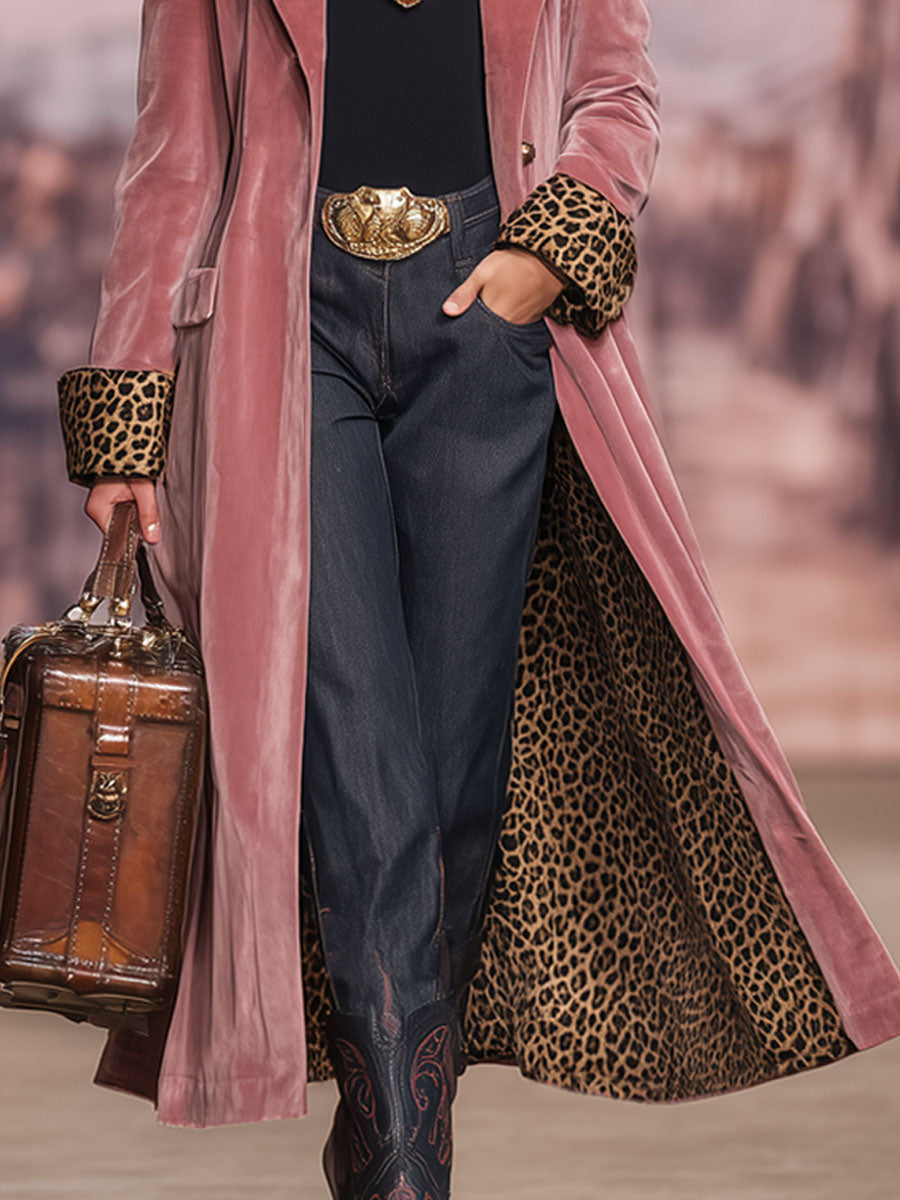 Sonia | Βελούδινο Παλτό με Πέτο, Μονόπετο, και Λεοπάρ Μοτίβο