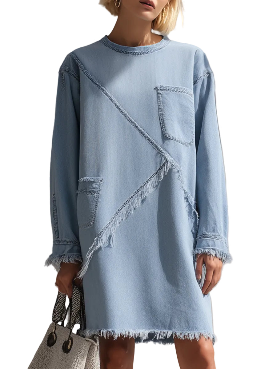 Annie - Light Blue Μίνι Τζιν Φόρεμα με Ξεφτισμένο Τελείωμα (Light Blue Raw-Edge Denim Mini Dress)