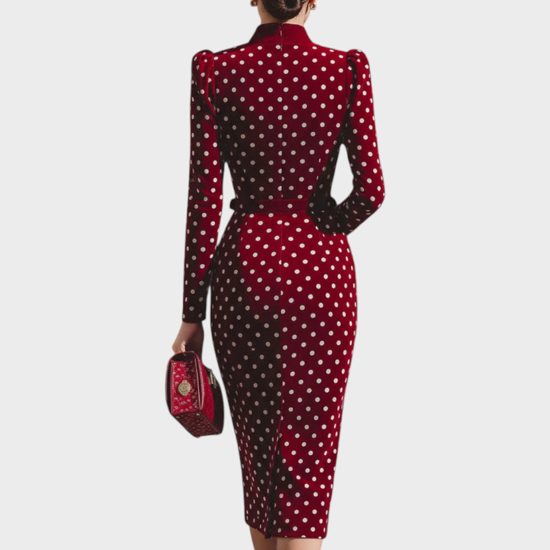 Krishna | Φόρεμα Midi από Βελούδο με Κόκκινες Πουά Λεπτομέρειες Εμπνευσμένο από το Vintage