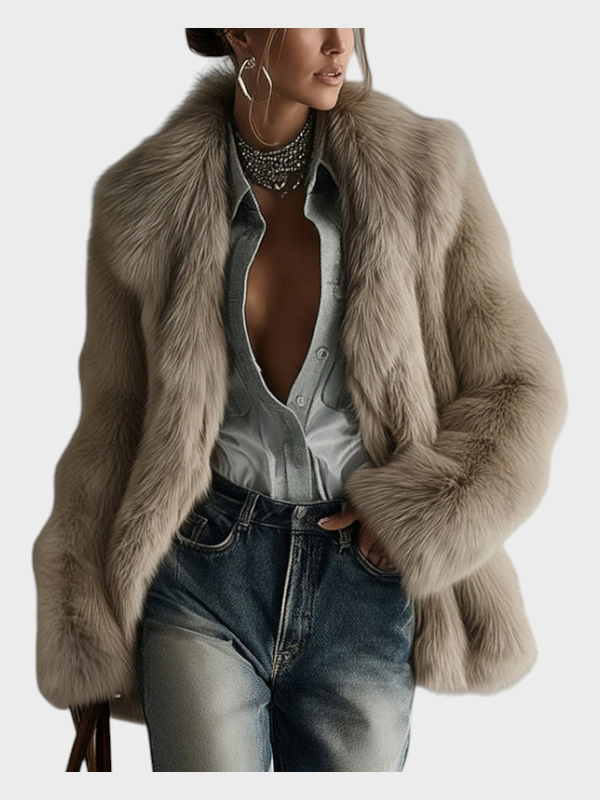 Gaiea | Μαλακό Ταπ Σατέν Ψεύτικο Γούνινο Oversized Μπουφάν Μακρύ Μανίκι