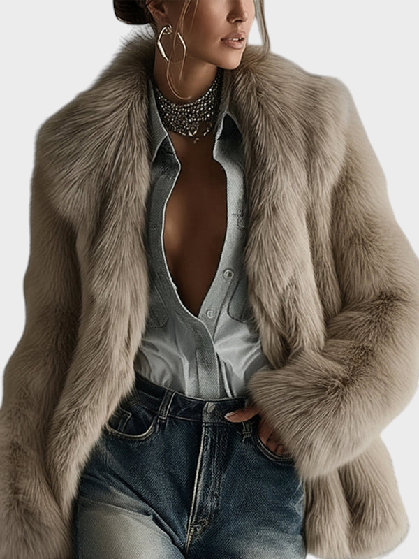 Gaiea | Μαλακό Ταπ Σατέν Ψεύτικο Γούνινο Oversized Μπουφάν Μακρύ Μανίκι