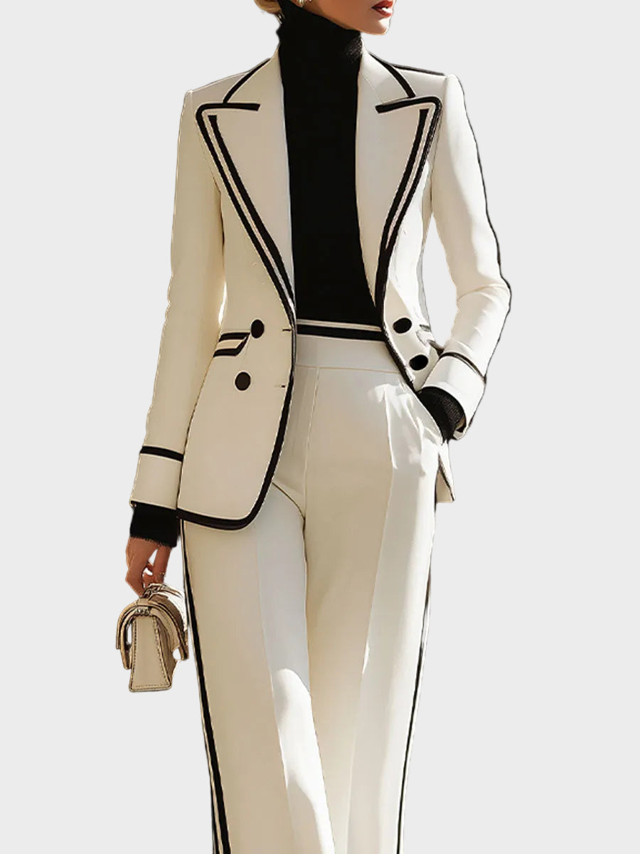 Tabitha-White Contrast - Trim Double - Breasted Suit Set