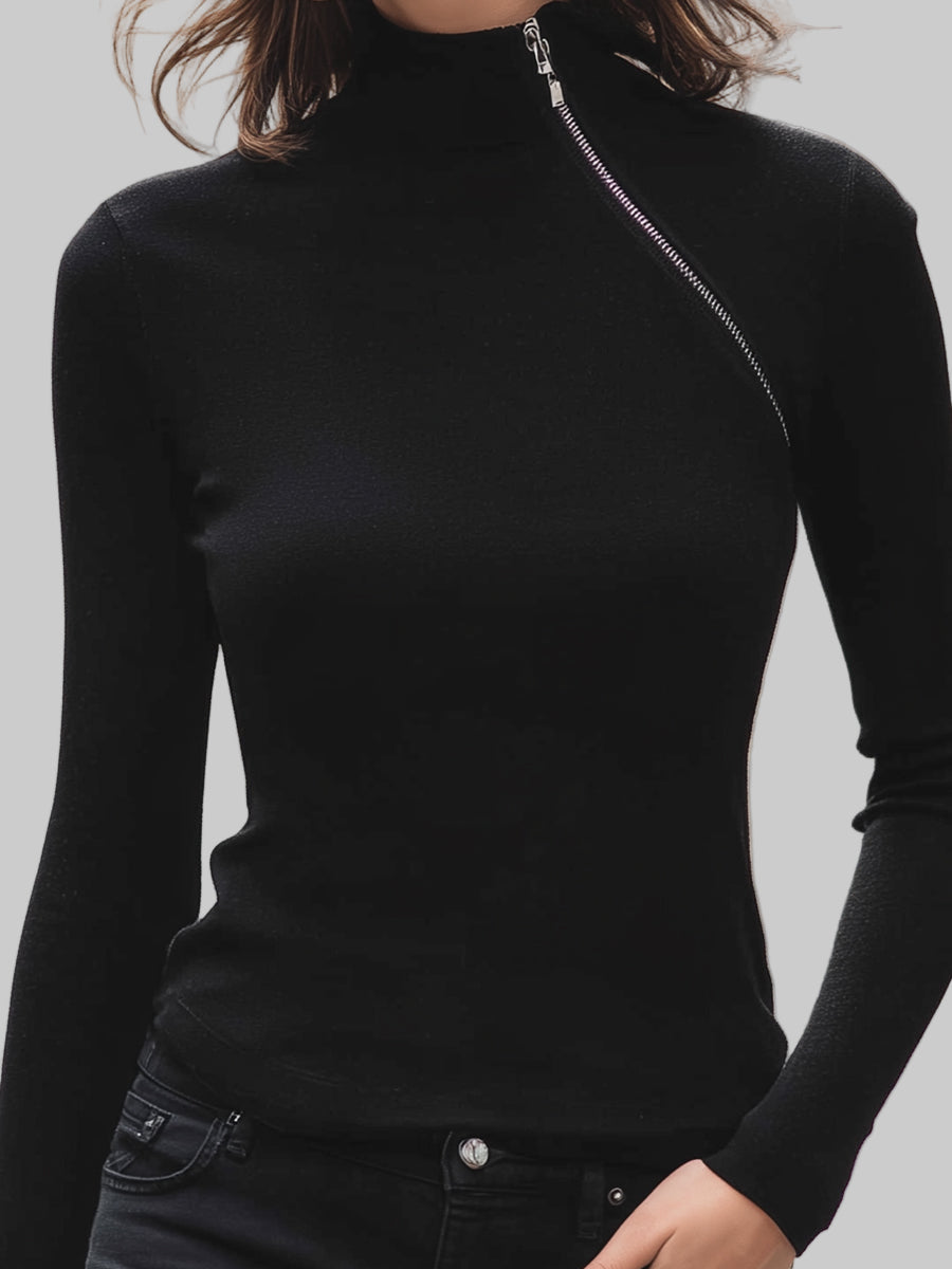 Black Asymmetric Zip High-Neck Knit Top