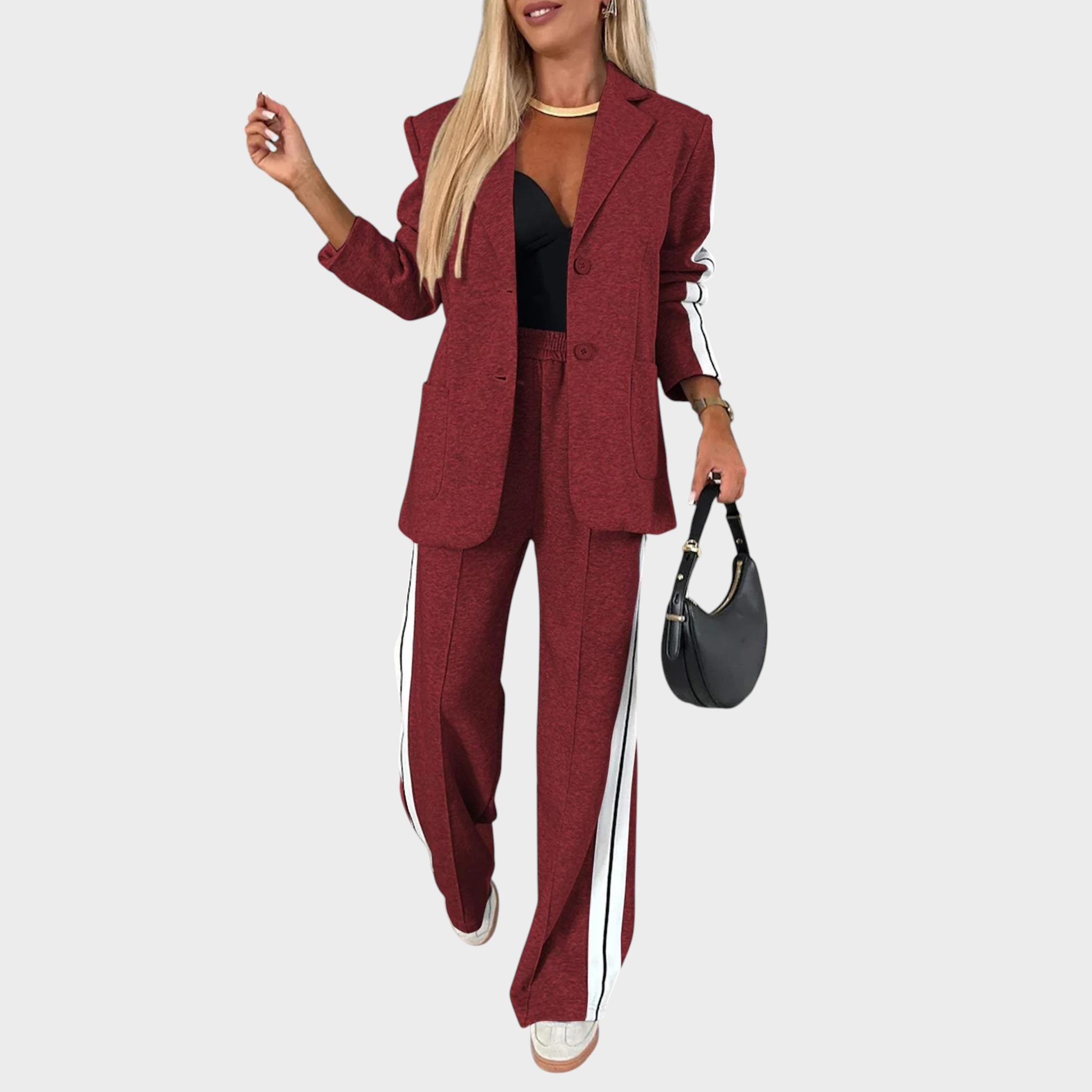 MAELYN™ - Κομψό σετ με ριγέ σακάκι-παλτό και παντελόνι με φαρδιά μπατζάκια