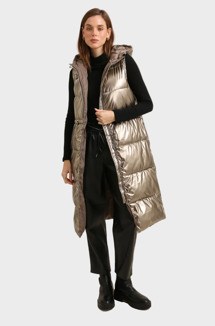 Felicia | Μακρύ Χρυσό Μεταλιζέ Αμάνικο Μπουφάν με Επένδυση