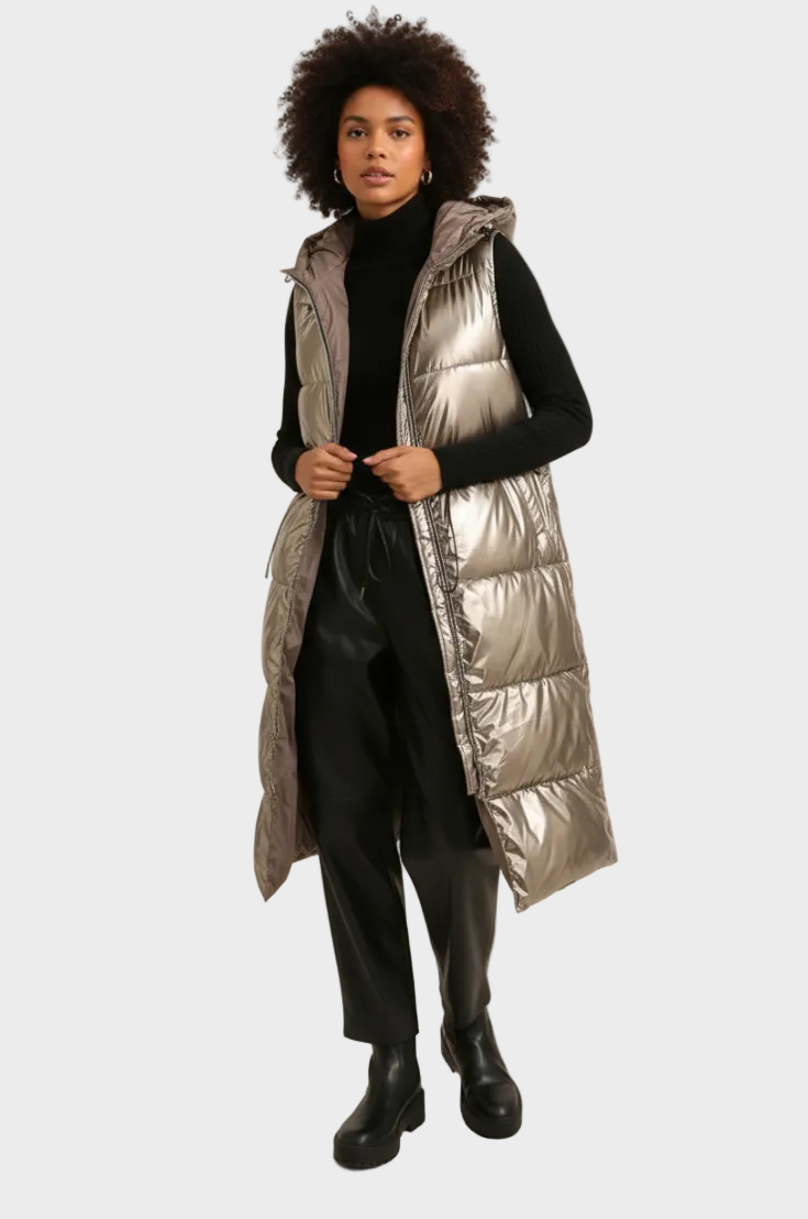 Felicia | Μακρύ Χρυσό Μεταλιζέ Αμάνικο Μπουφάν με Επένδυση