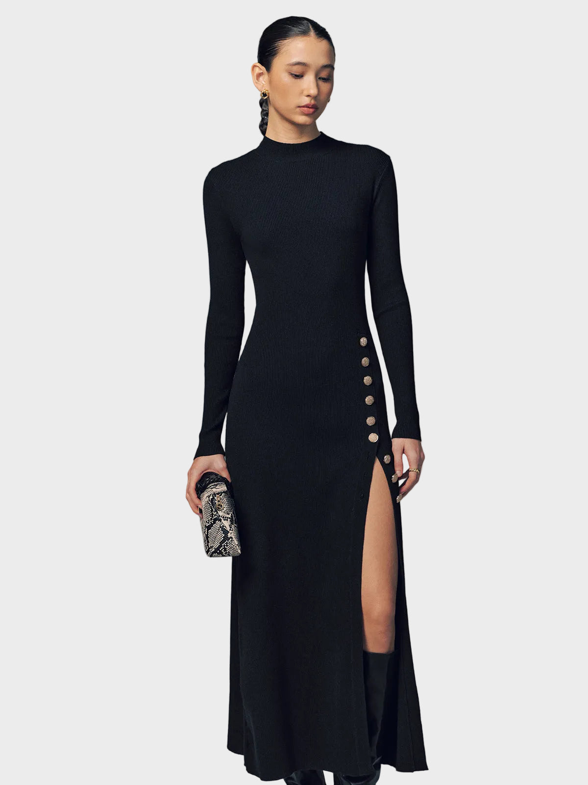 Emma| Μάξι Ριμπ Πλεκτό Φόρεμα με Κουμπιά στο Πλάι και Σκίσιμο