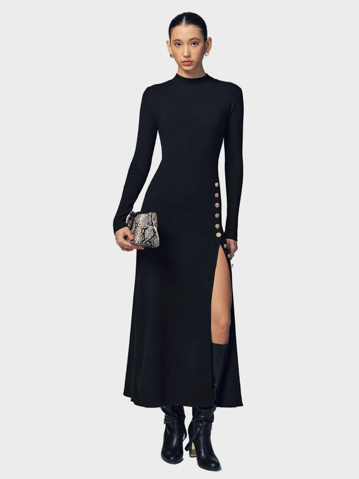 Emma| Μάξι Ριμπ Πλεκτό Φόρεμα με Κουμπιά στο Πλάι και Σκίσιμο