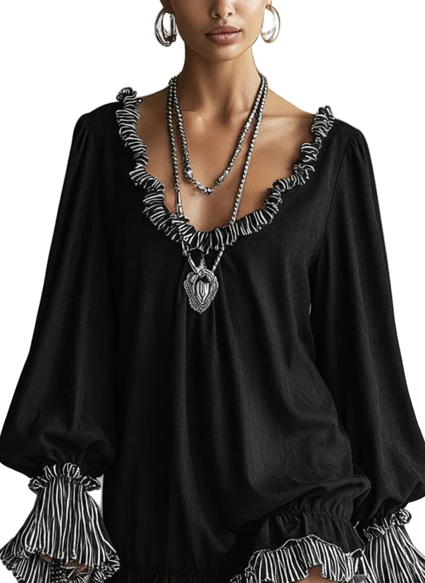 Bella - Μίνι Φαρδύ Φόρεμα από Μαύρο Συνθετικό Καστόρι με Ρίγες και Βολάν (Black Faux Suede Striped Ruffled Loose Mini Dress)