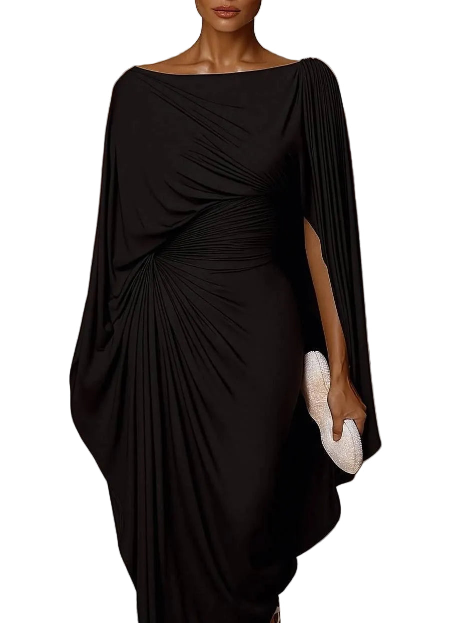 Helga - Κομψό Μάξι Φόρεμα με Ντραπέ Μανίκια Κάπα (Elegant Draped Cape Sleeves Maxi Dress)