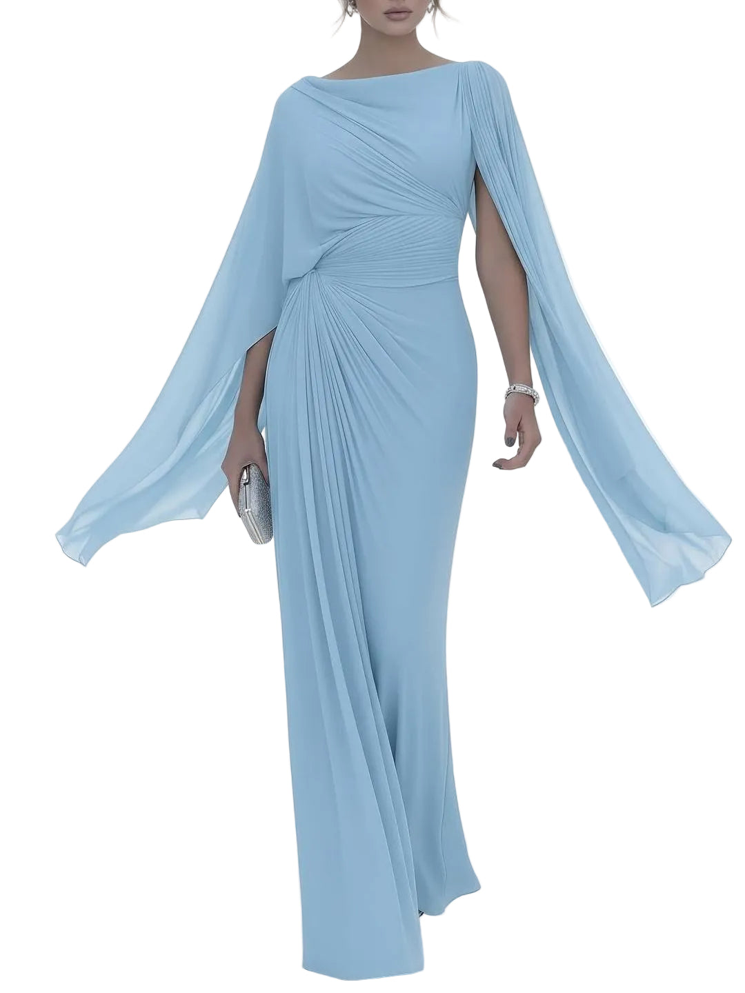 Helga - Κομψό Μάξι Φόρεμα με Ντραπέ Μανίκια Κάπα (Elegant Draped Cape Sleeves Maxi Dress)
