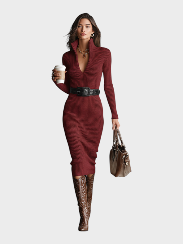 Cindy | Γυναικείο Midi Φόρεμα με Μισό Ζιβάγκο, V-Neck, Μακριά Μανίκια, Πλεκτό με Ζώνη MDA1683I7Y