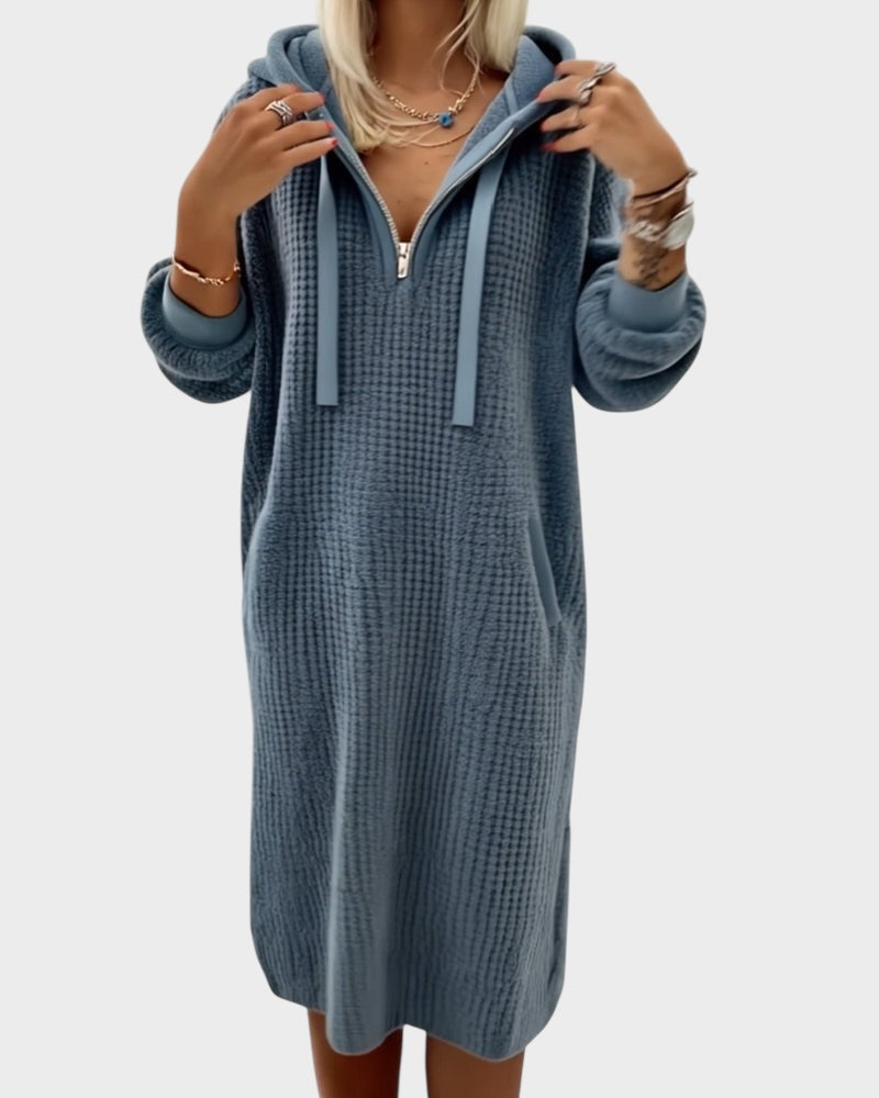 Καθημερινό πλεκτό φόρεμα φούτερ με κούκουλα και σχέδιο κυψέλης