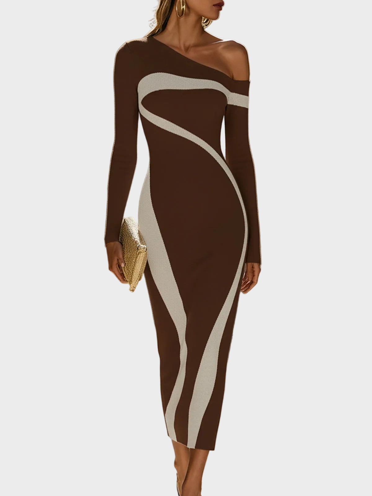 June| Κομψό Μονόχρωμο Bodycon Φόρεμα με Αντίθεση και Έναν Ώμο