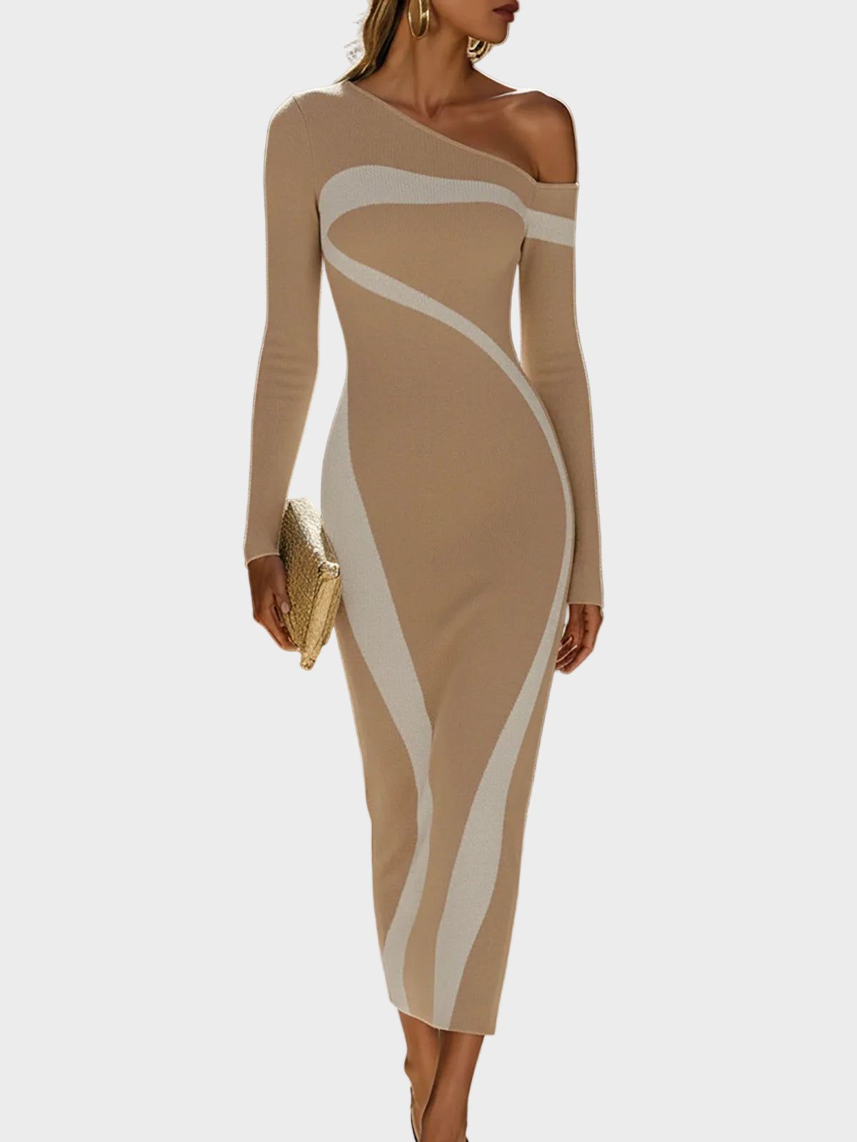 June| Κομψό Μονόχρωμο Bodycon Φόρεμα με Αντίθεση και Έναν Ώμο