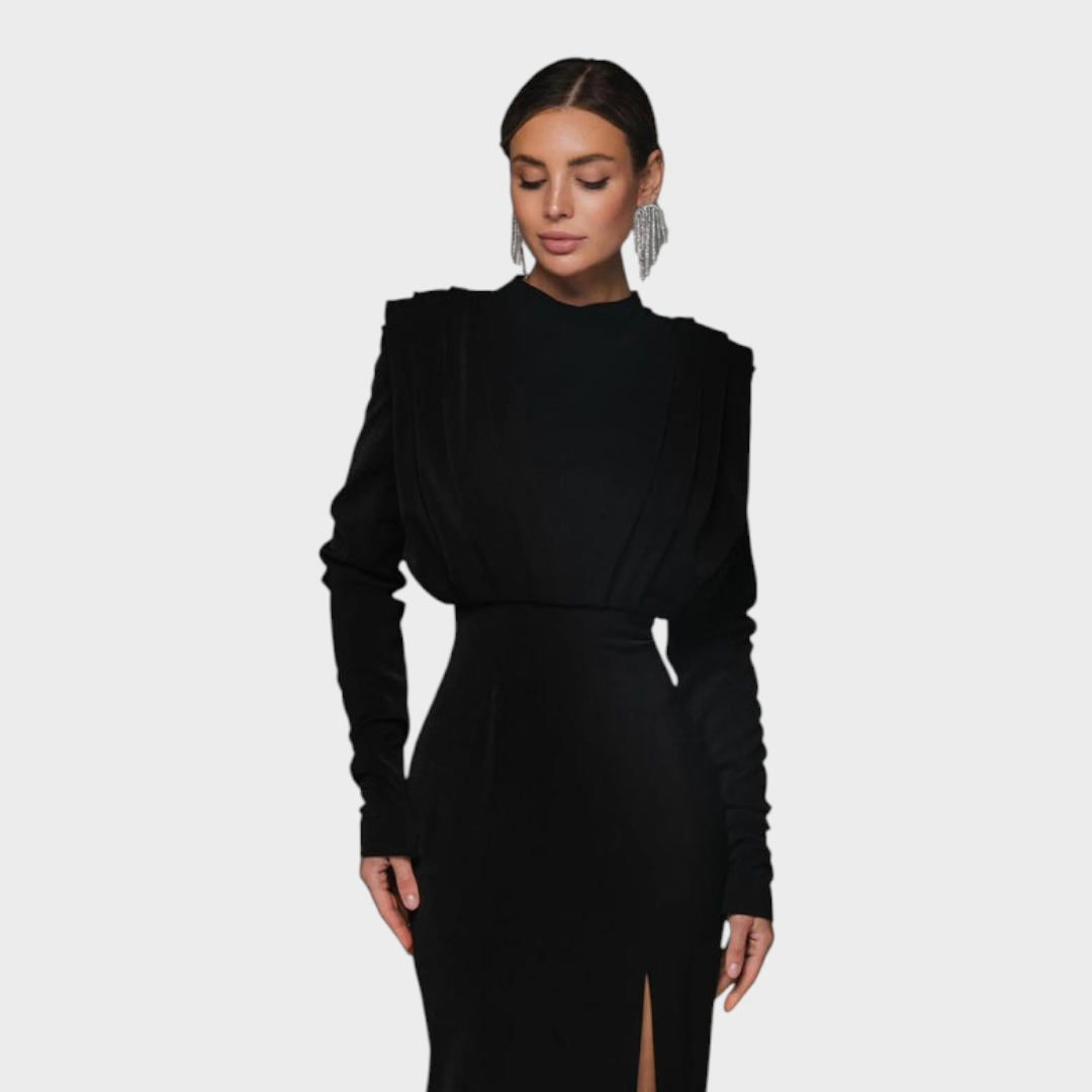 Franchezka | Μονόχρωμο μακρυμάνικο φόρεμα με βαθύ σκίσιμο