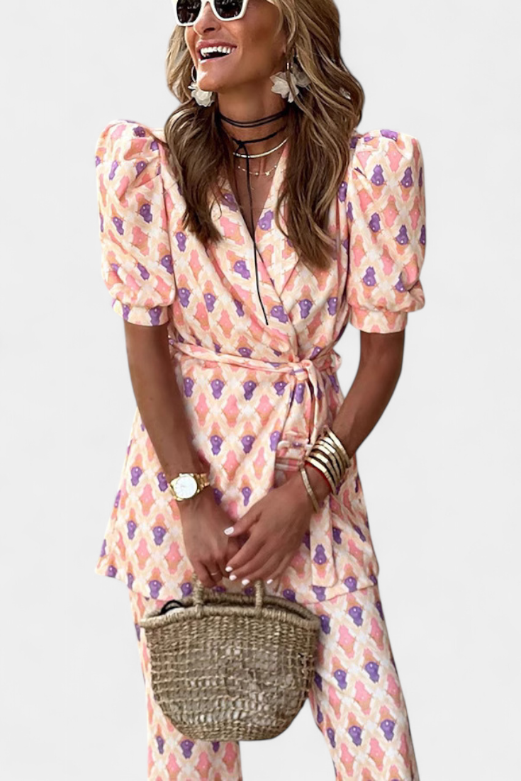 Araceli Set με Στάμπα, Μπλέιζερ και Καμπάνα Παντελόνι