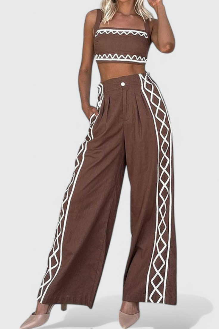 Mirella Set Crop Top και Φαρδύ Παντελόνι με Ζιγκ-Ζαγκ Μοτίβο