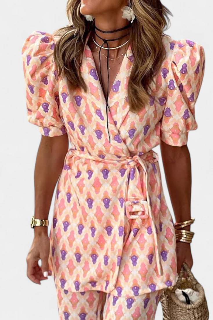 Araceli Set με Στάμπα, Μπλέιζερ και Καμπάνα Παντελόνι