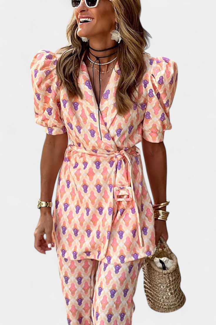 Araceli Set με Στάμπα, Μπλέιζερ και Καμπάνα Παντελόνι