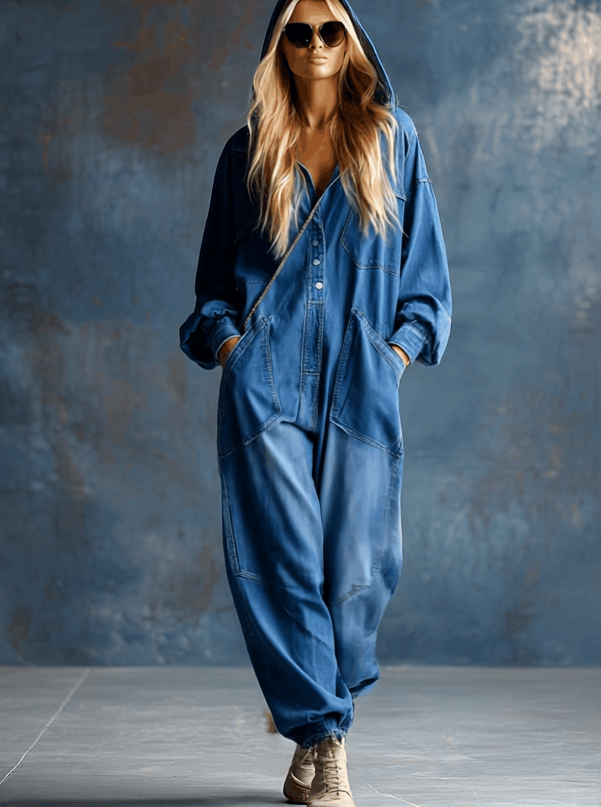 Priscilla - Casual Loose-fit Denim Jumpsuit με Κουκούλα, Κουμπιά στο Μπροστινό Μέρος και Μακριά Μανίκια σε Μπλε Χρώμα (Casual Loose-fit Hooded Blue Denim Button-front Long-sleeved Jumpsuit)