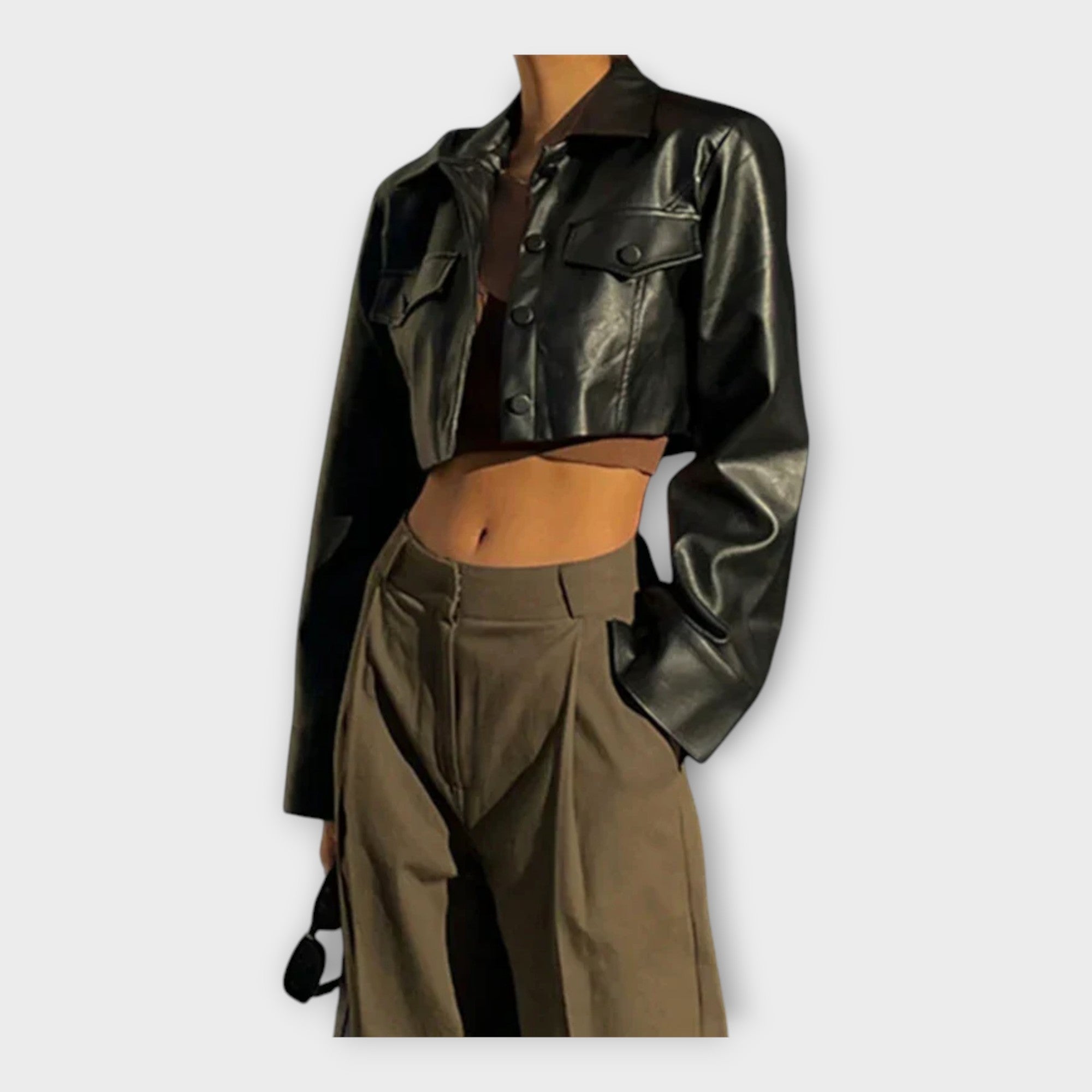 Κοντό Δερμάτινο Μπουφάν με Τσέπες 