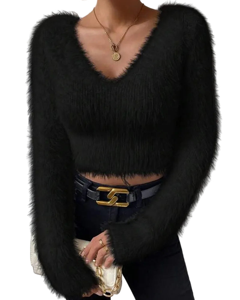 Anya |Casual Χνουδωτό Πλεχτό Πουλόβερ με Λαιμόκοψη V (Casual Fuzzy V-Neck Knit Sweater)