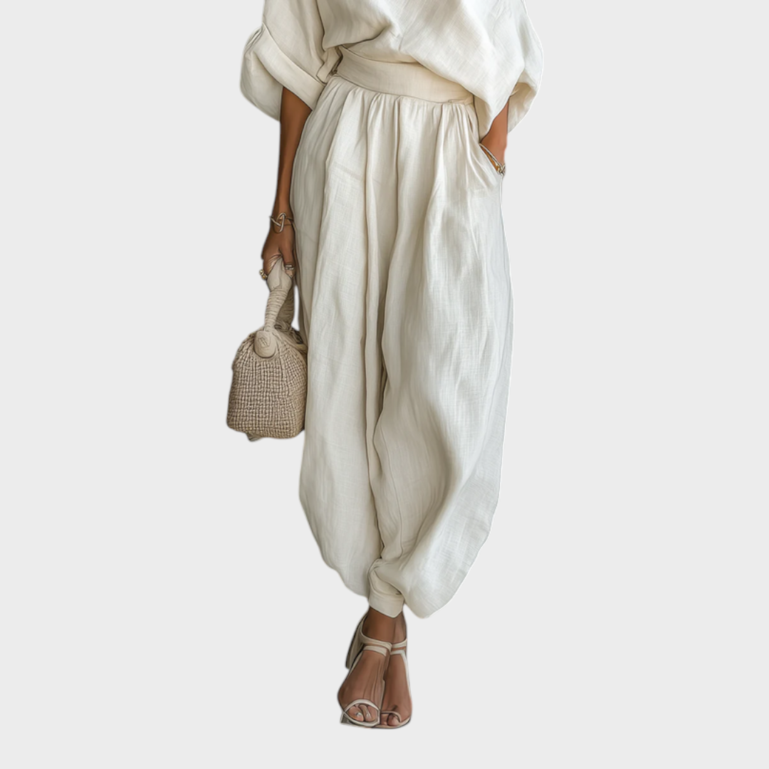 Τζένιφερ | Εκρού Λινό Κοντομάνικο Χαλαρό Τοπ Και Σετ Τραπεζοειδών Παντελονιών