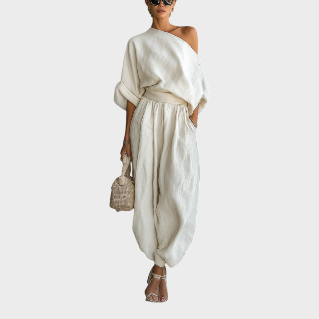 Τζένιφερ | Εκρού Λινό Κοντομάνικο Χαλαρό Τοπ Και Σετ Τραπεζοειδών Παντελονιών