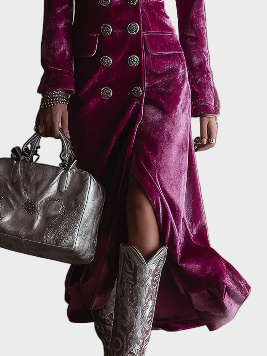 Adeline | Μωβ Βελούδινο Μάξι Φόρεμα-Σακάκι με Κουμπιά