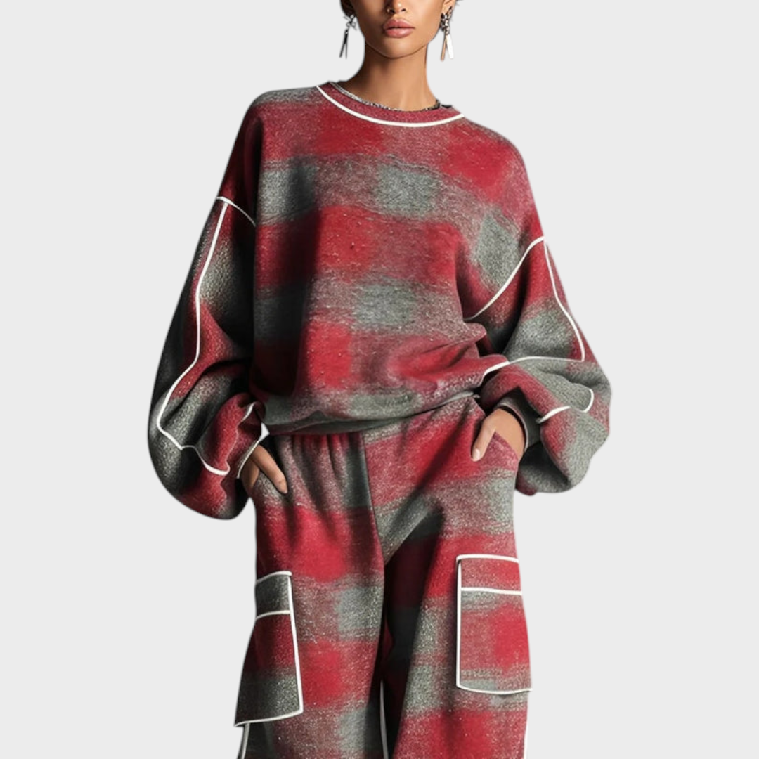 Lloyda | Κόκκινο και Γκρι Πλαίσιο Χρωματιστό Φόρεμα και Καθημερινό Παντελόνι Σετ Δύο Τεμαχίων