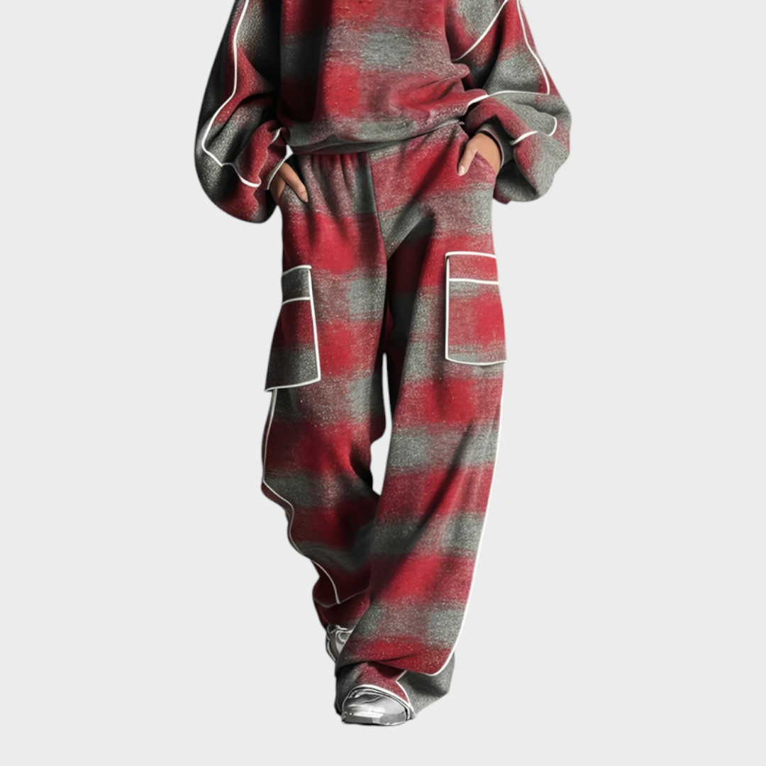 Lloyda | Κόκκινο και Γκρι Πλαίσιο Χρωματιστό Φόρεμα και Καθημερινό Παντελόνι Σετ Δύο Τεμαχίων