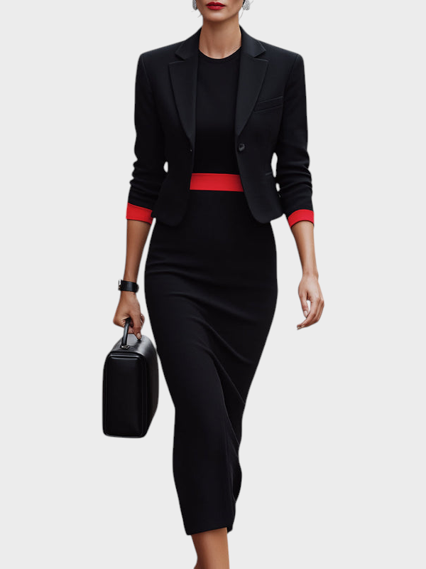 Vicky | Σετ Σακάκι με Αντίθεση και Μίντι Φόρεμα Χωρίς Μανίκια