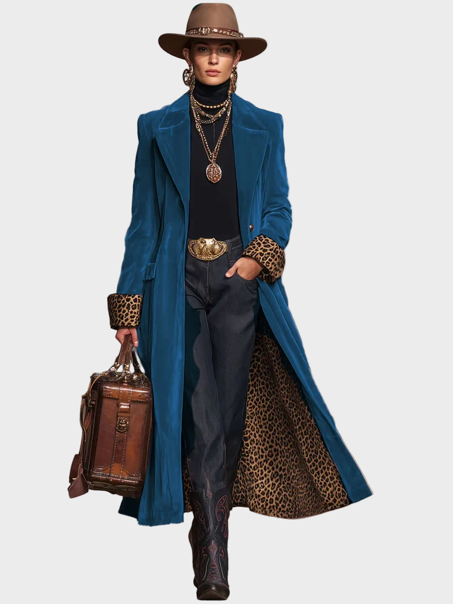 Sonia | Βελούδινο Παλτό με Πέτο, Μονόπετο, και Λεοπάρ Μοτίβο