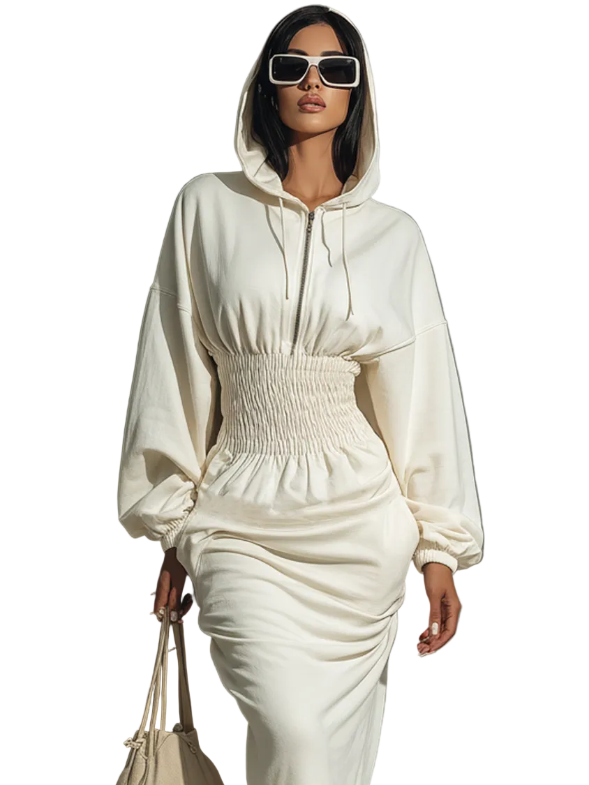 Rachel |Γυναικείο Μίνιμαλ Μάξι Φόρεμα Φούτερ με Κουκούλα και Σούρες στη Μέση (Women's Minimalist Waist Shirring Hooded Sweatshirt Maxi Dress)