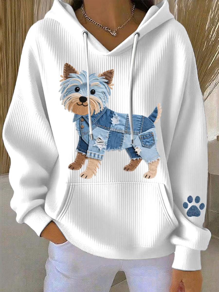 Γυναικείο Hoodie με Denim Patchwork Σχέδιο Yorkshire Terrier