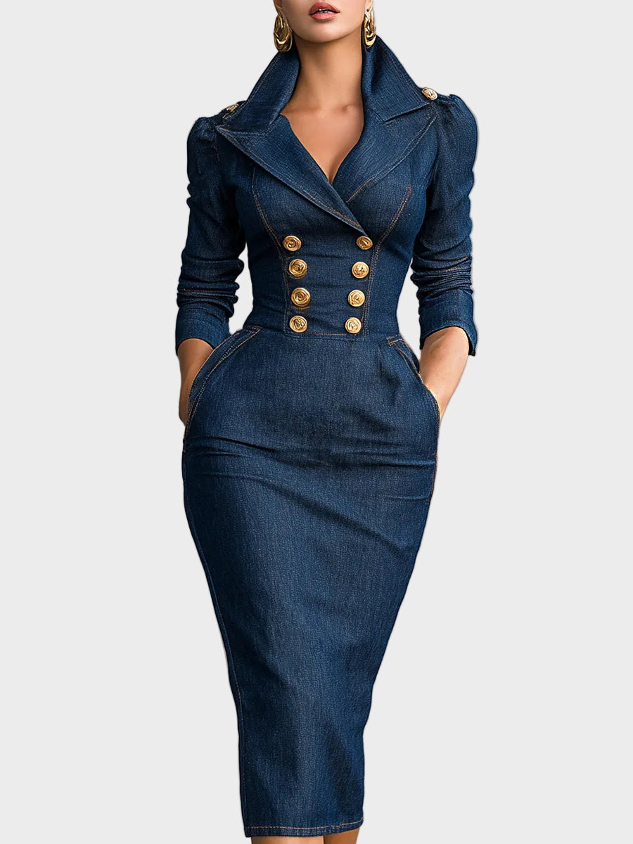 Zoey| Σταυρωτό Δομημένο Denim Μίντι Φόρεμα