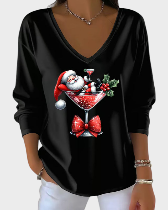 Odette | Χαλαρή Μπλούζα με V-λαιμό και Χριστουγεννιάτικο Μοτίβο με Ποτήρι Κρασιού