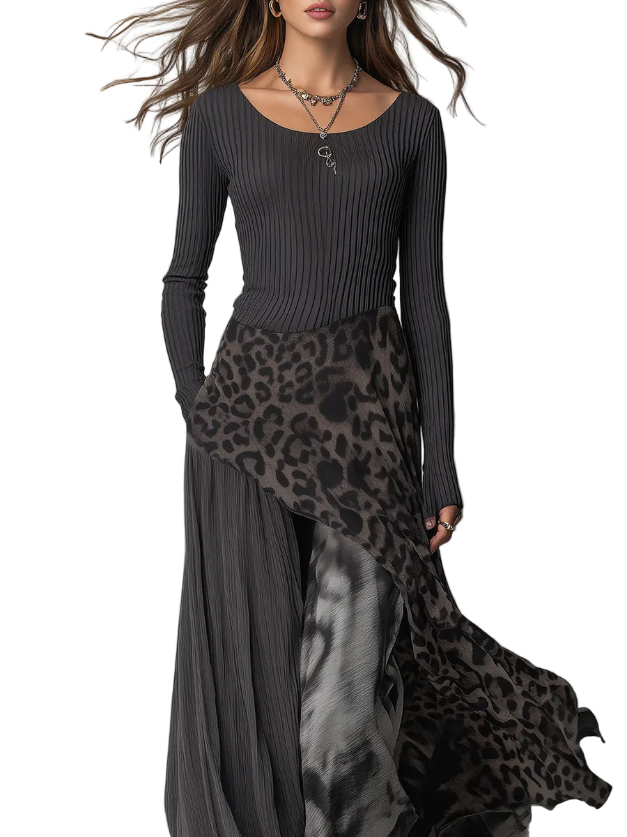 Blair - Μάξι Φόρεμα με Bohemian Σχέδιο, Ψιλή Ρίγα, Leopard Print και Ασύμμετρο Τελείωμα (Bohemian Pit Stripe Leopard Print Splicing Irregular Hem Maxi Dress)